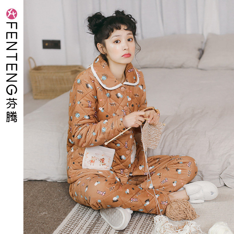 Fentem Pajamas Woman Winter Coral Suede Cotton Padded Jacket Gushed Thickened Triple Clip Cotton Flannel Warm Home Suit Suit