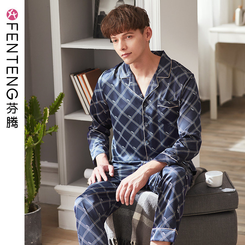 Fenten Ice Silk Sleepwear Male Spring Summer Long Sleeve Open-Shirt Thin-style Imitation Silk Air Conditioning Suit Casual Home Suit