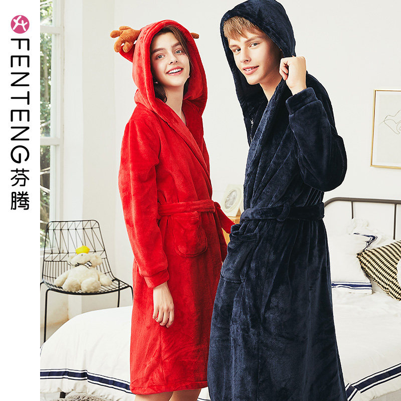 Fenteng autumn and winter coral fleece couple nightgown big red festive plus velvet warm ladies bathrobe men's flannel bathrobe