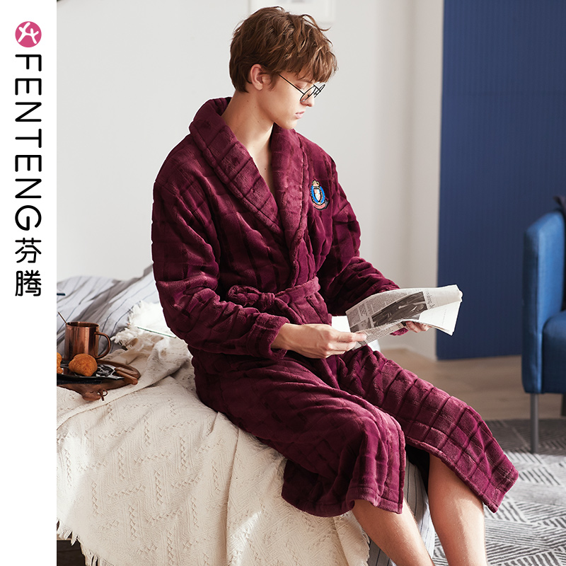 Funten men's sleeping robe bathrobe, autumn and winter flannel thicken plus suede men's coral suede winter male pyjamas