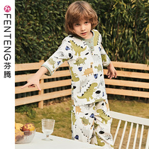 Fentem Pure Cotton Pyjamas Boy Spring Summer New Products CUHK Child Cute Cartoon Boy Middle Sleeve Full Cotton Home Suit Suit