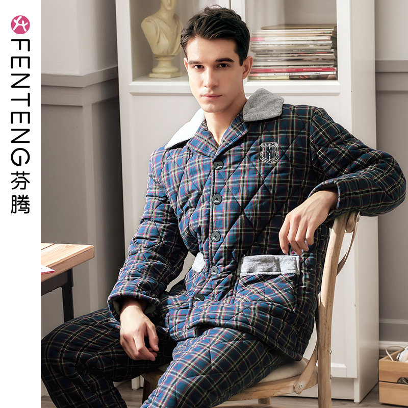 Fenteng winter knitted cotton pajamas men's three-layer thickened plus velvet warm youth plaid cotton jacket home service suit