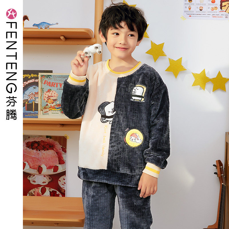Finten Autumn Winter Coral Suede Children Pyjamas Boy Sleepwear Boy Condom Head Cartoon Boy Flannel Suede Suit Suit