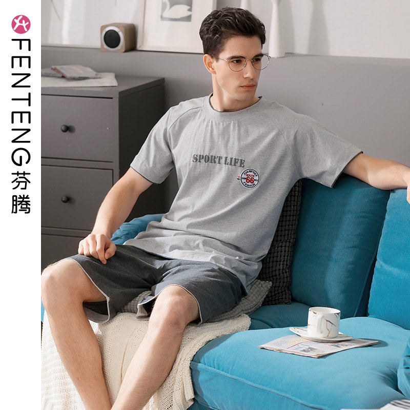 Fenteng summer short-sleeved pajamas men's cotton round neck pullover shorts youth solid color casual loose home service suit