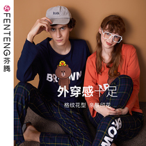 Finten Korean Version Brown Bear Spring Autumn Season Lovers Pyjamas Womens Pure Cotton Home For Mens Long Sleeve Cartoon Full Cotton Suit