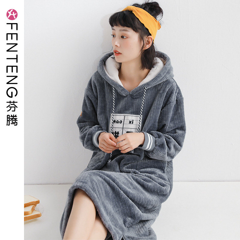 Finten Autumn Winter Coral Suede Sleeping Skirt Woman Loose girl Long version of the foreign dress The flannel velvet can be worn outside the home clothes