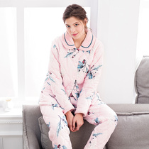 Fenton Pajamas Womens Winter Warm Coral Fleece Three-Layer Cotton Cardigan Thicken Womens Cute Sweet Home Clothing Sets