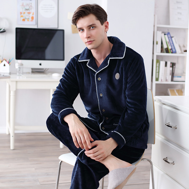 Finnten new thickened coral suede pyjamas for men's autumn and winter cardiff with long sleeves large size and flannel suede suit