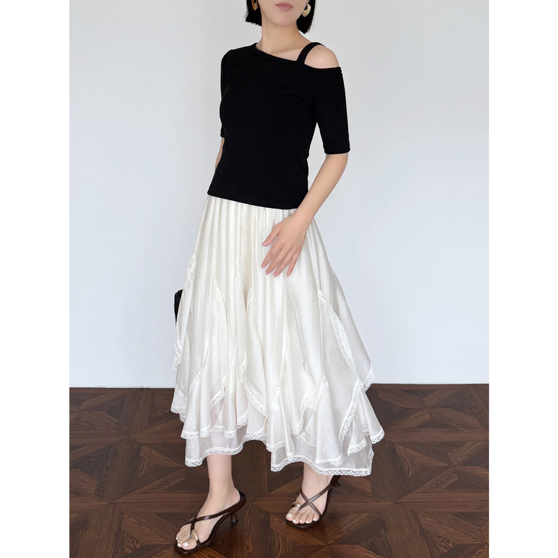 Lutong Lace Splicing Asymmetrical Lace Trim Tencel Midi Skirt for Women, Mid-Length Flowing A-Line Skirt Lutong Lace Splicing Asymmetrical Lace Trim Tencel Midi Skirt for Women, Mid-Length Flowing A-Line Skirt