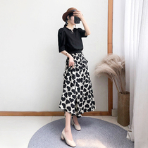 2020 new two-piece summer long dress womens black short sleeve top print high waist skirt set