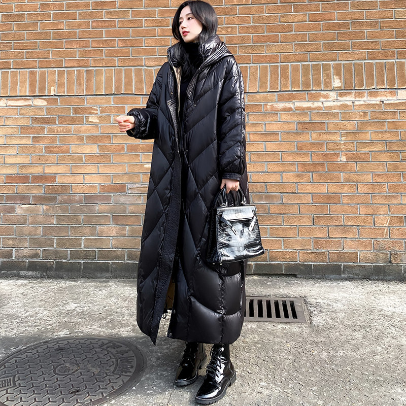 2023 new women's dress Winter extra-long sequel with bright face down jacket woman black even cap over knee white duck suede jacket thickened-Taobao