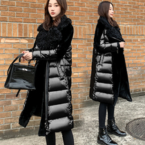 2020 winter New Black long down jacket female lamb hair stitching glossy knee over knee white duck down coat