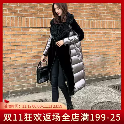 2021 new women's winter long version of Down jacket female lamb hair Stitching bright face over the knee white duck down coat thickened