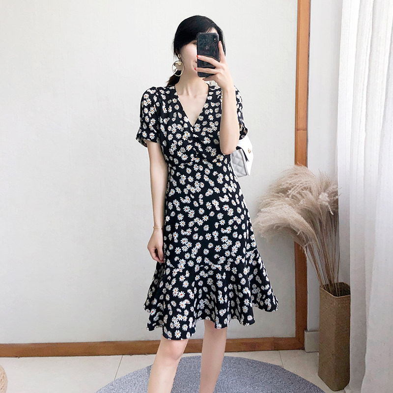 2023 new women's summer mid-length daisy dress female black high waist ruffled short-sleeved floral skirt