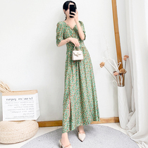 2021 new womens summer green long French floral dress womens waist thin temperament chiffon dress