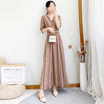 2021 new womens summer French vintage chiffon print dress womens waist slim temperament striped long skirt