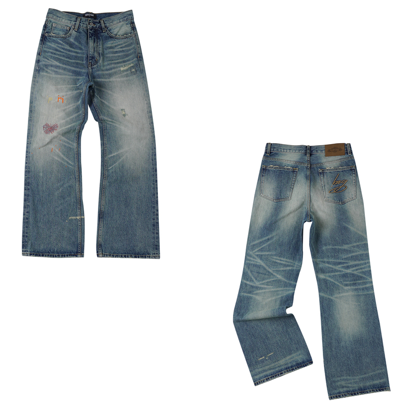 Brg 25Fw “Storm Bull” Natural Honeycomb Whisker Patch Embroidered Splash-Ink Flared Denim Pants Brg 25Fw “Storm Bull” Natural Honeycomb Whisker Patch Embroidered Splash-Ink Flared Denim Pants