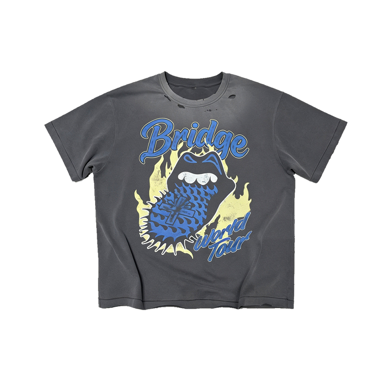 Brg 26Ss Rolling Stones Flame Tongue Print Washed Vintage Distressed Single-Stitched Distressed Vintage Short-Sleeve T-Shirt