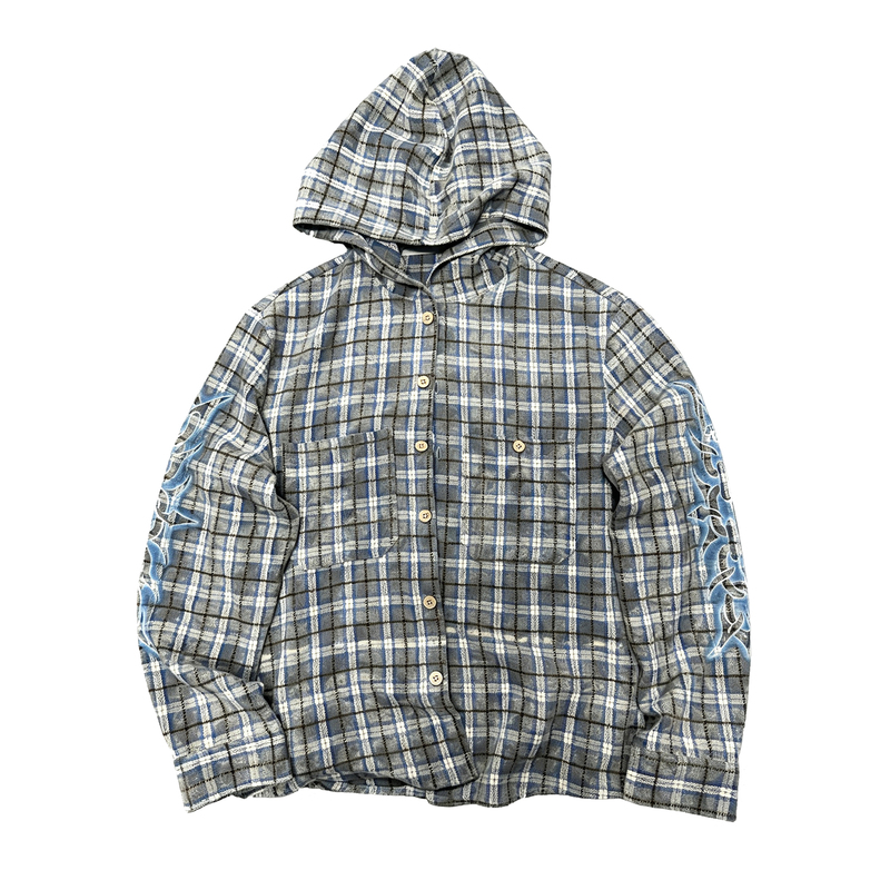 Brg 26Fw Thorn Skull Washed Distressed Blue and Gray Plaid Hooded Shirt Jacket Brg 26Fw Thorn Skull Washed Distressed Blue and Gray Plaid Hooded Shirt Jacket