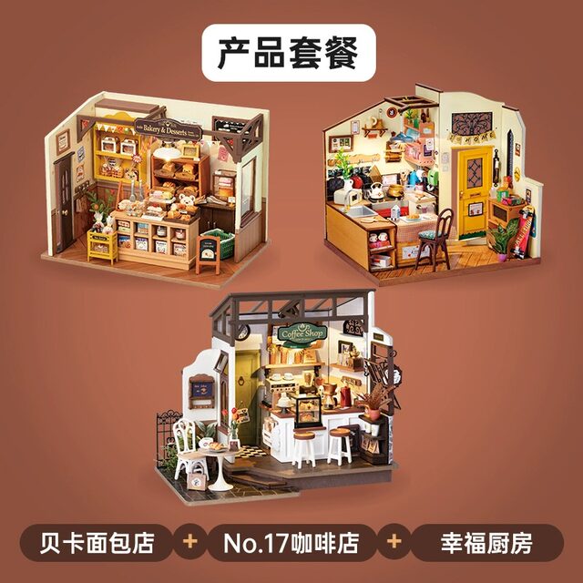 Roliferuolai coffee shop diy cabin handmade small house wooden assembled model villa building block gift