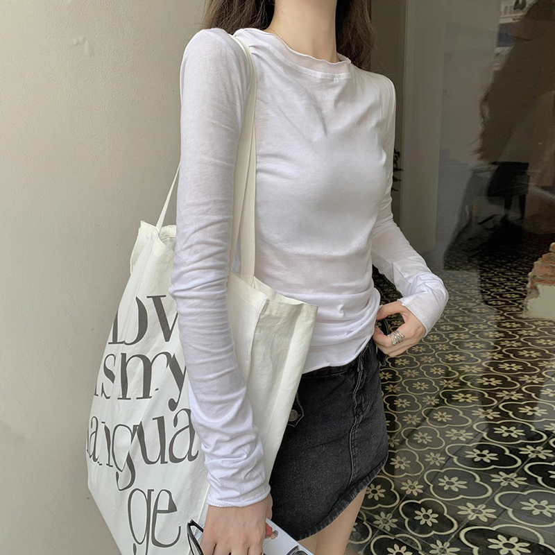 Hong Kong Style Retro Chic Versatile Unique Rolled-Edge Long-Sleeve T-Shirt for Women, Spring and Autumn Thin Versatile Base Shirt, Round Neck Top Hong Kong Style Retro Chic Versatile Unique Rolled-Edge Long-Sleeve T-Shirt for Women, Spring and Autumn Thin Versatile Base Shirt, Round Neck Top