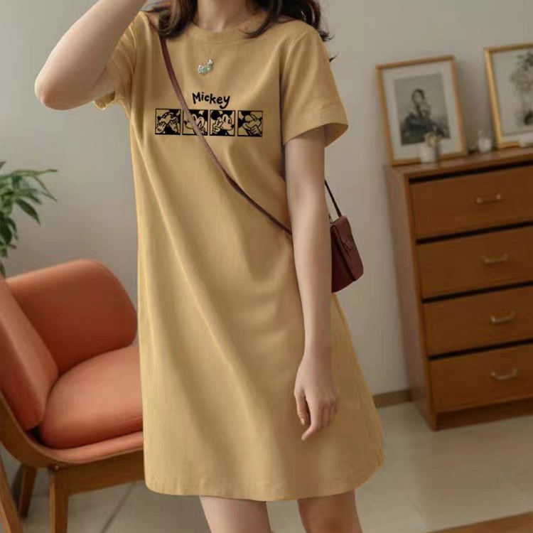 French-Style Petite Dress with a Summer Design That Makes You Look Taller, Loose Mid-Length T-Shirt Dress, Casual Home Dress French-Style Petite Dress with a Summer Design That Makes You Look Taller, Loose Mid-Length T-Shirt Dress, Casual Home Dress