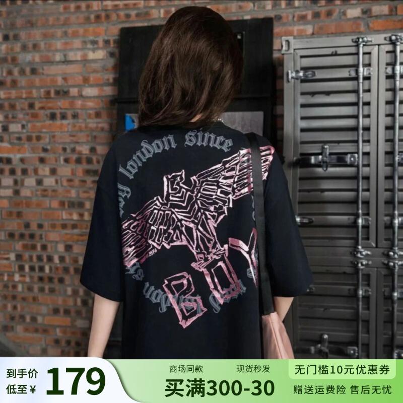 Boyt Shirt 26 Summer New Style Pink and Gold Eagle Print Lettering Loose Pure Cotton Round Neck Half-Sleeve Unisex Short-Sleeve Boyt Shirt 26 Summer New Style Pink and Gold Eagle Print Lettering Loose Pure Cotton Round Neck Half-Sleeve Unisex Short-Sleeve