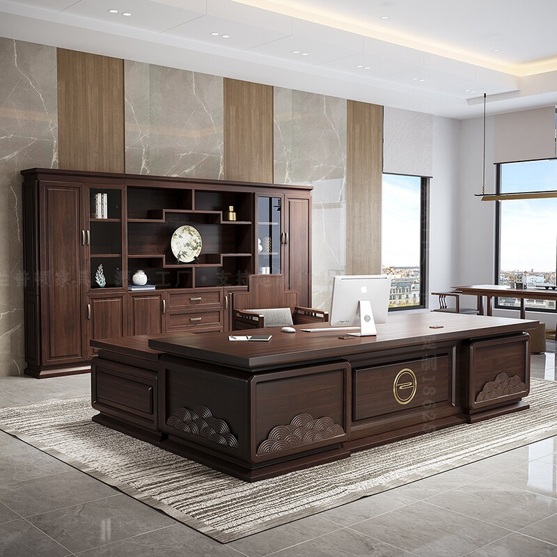 New Chinese style Ebony big class boss Office table and chair bookcase combination president office solid wood furniture customization
