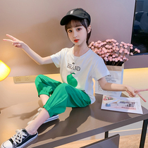 Girls summer suits 2020 new net red fashion summer sports short-sleeved tops girls anti-mosquito pants two-piece set