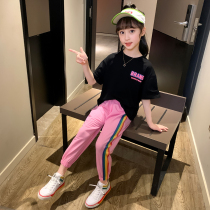 Girls suit summer 2020 new net red childrens summer short-sleeved Western-style casual sports anti-mosquito pants two-piece set