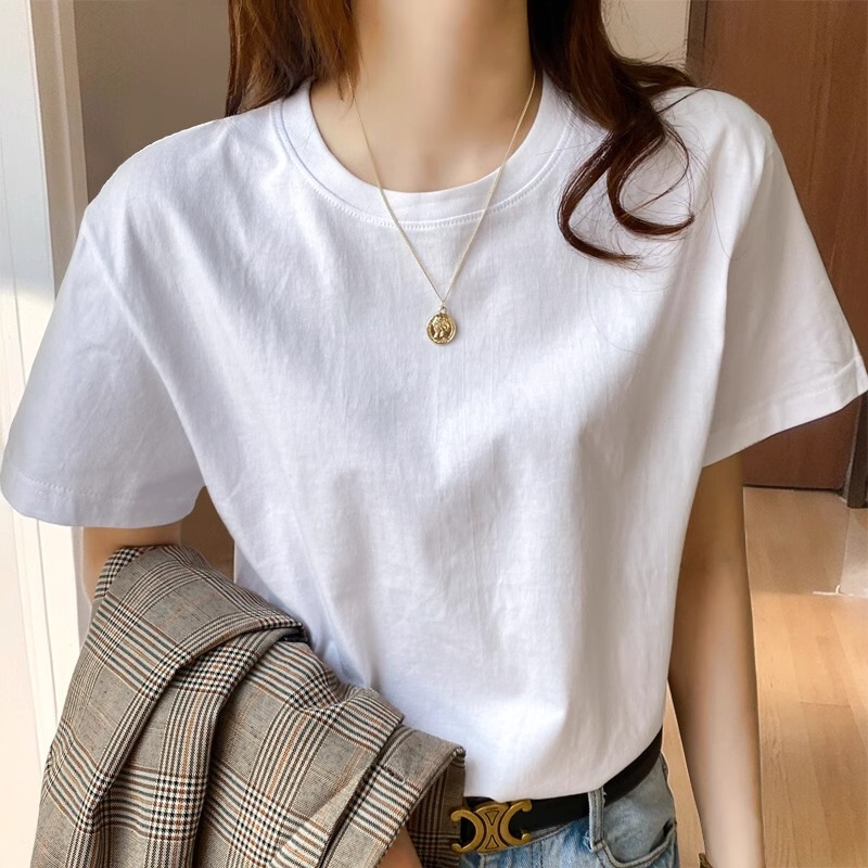 European Style White Short-Sleeve T-Shirt for Women, Summer 2026 New High-End Regular Shoulder Pure Cotton T-Shirt, Elegant Women's Long-Sleeve Top