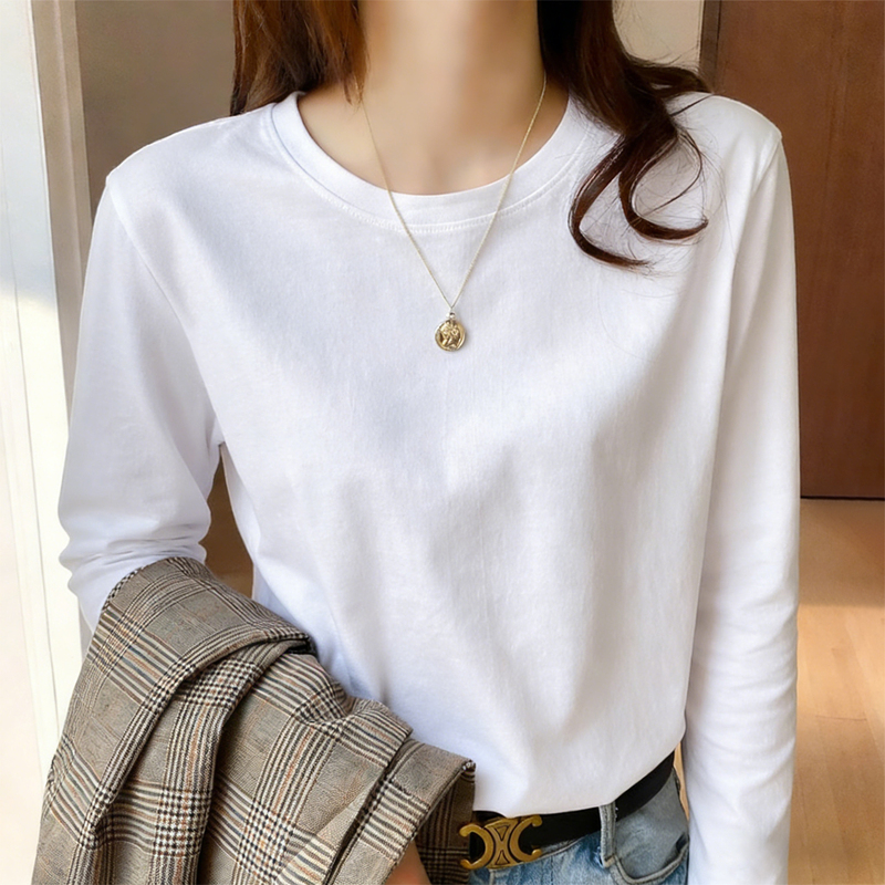 European-Style White Base Shirt for Women, 2026 Spring, Autumn, and Winter New Model, Pure Cotton, Loose-Fitting Long-Sleeve T-Shirt, Regular Shoulder, Inner Layer Top