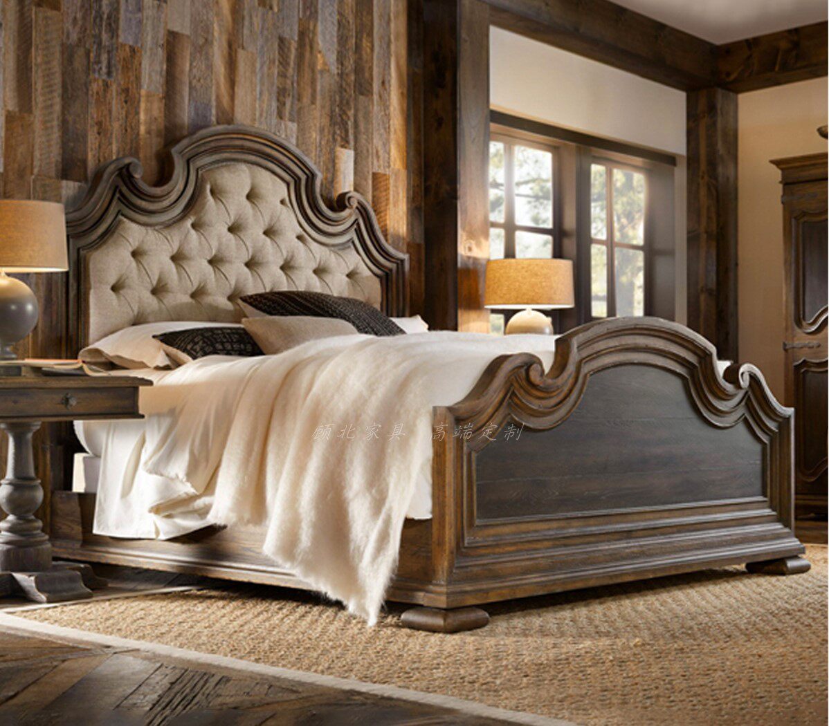 American countryside Classical as old white wax wood Carved Mosaic Double Man Bed Hooker Hooker Villa Main Bed Customize 