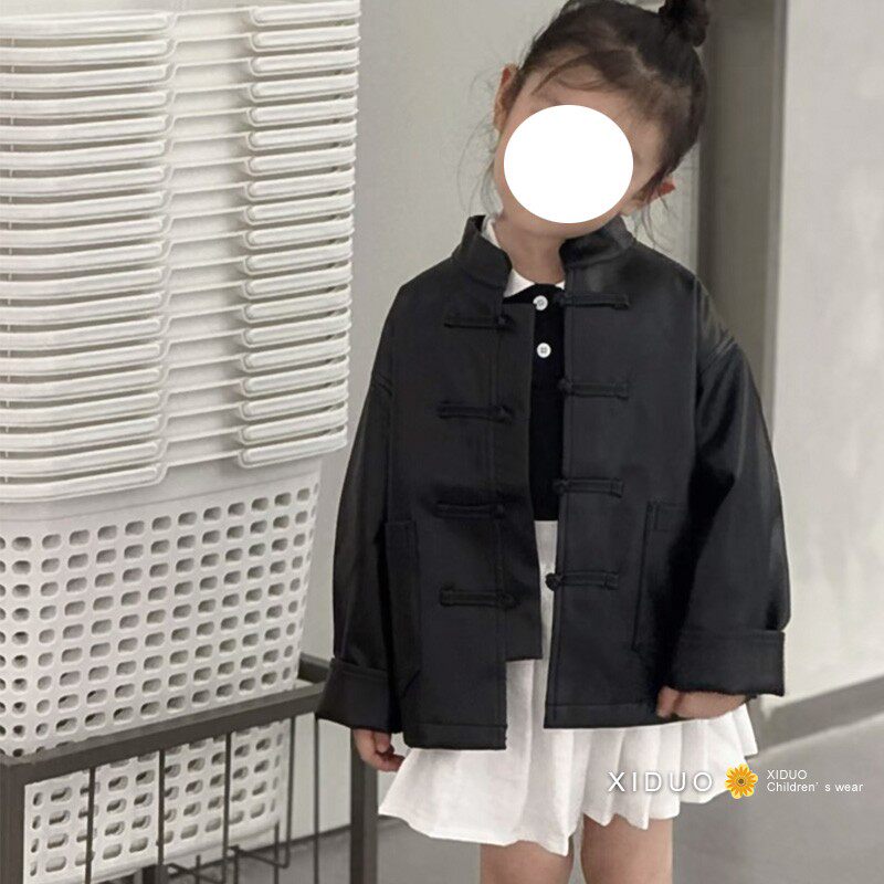 Custom child clothing male and female child leather clothing autumn winter new retro Chinese wind Down with disc buckle long-sleeved cardiovert leather jacket-Taobao