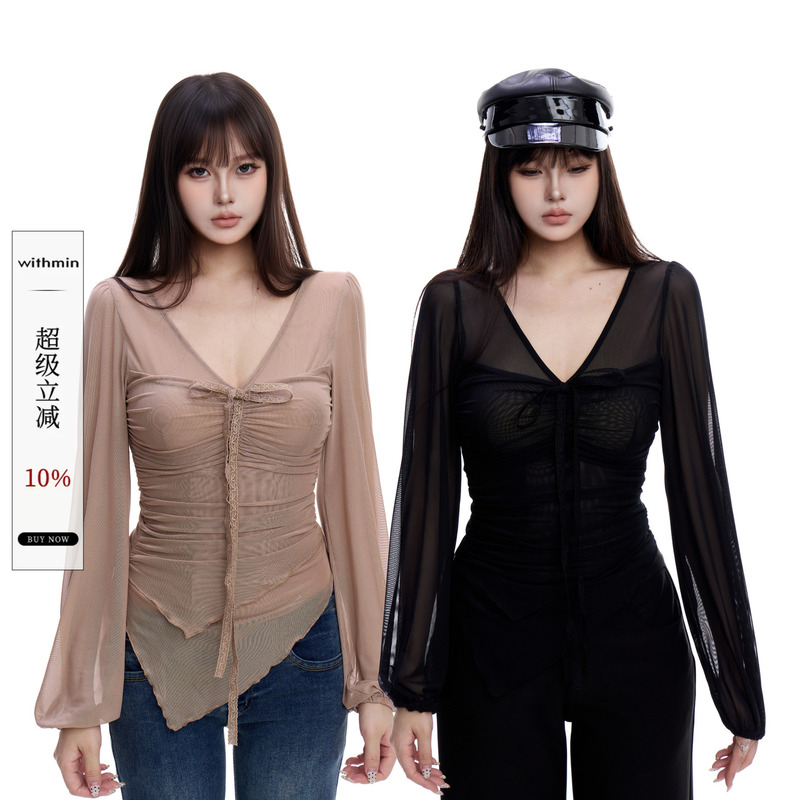 Withmin V-Neck Top with Unique Design, New Autumn Slim-Fit Irregular Base Shirt, Long-Sleeve Women's T-Shirt
