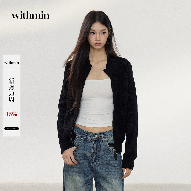 Withmin Black Zipper Knit Cardigan Jacket for Women 2026 Autumn New Slim Fit Versatile Top for Women