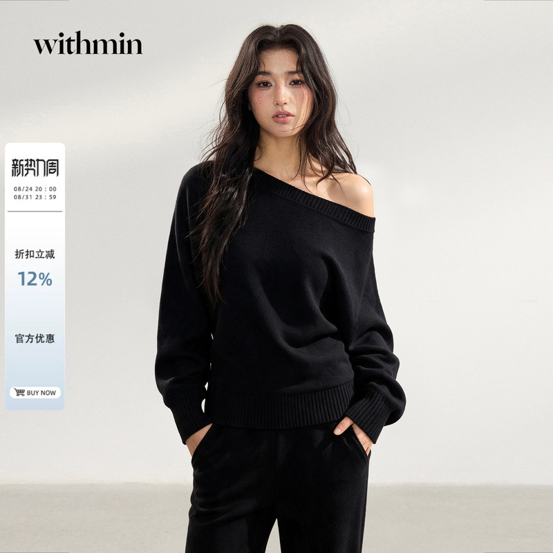 Withmin Black Sweater for Women, New Autumn Style, Loose Fit, Slimming, Casual, Off-Shoulder, Asymmetrical Shoulder Knit Top, Women's Clothing Withmin Black Sweater for Women, New Autumn Style, Loose Fit, Slimming, Casual, Off-Shoulder, Asymmetrical Shoulder Knit Top, Women's Clothing