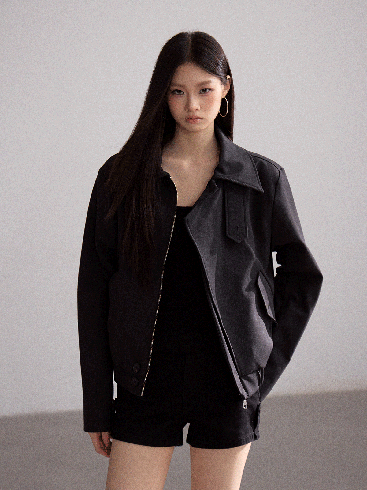 WITHMIN Black Zip-Up Lapel Jacket