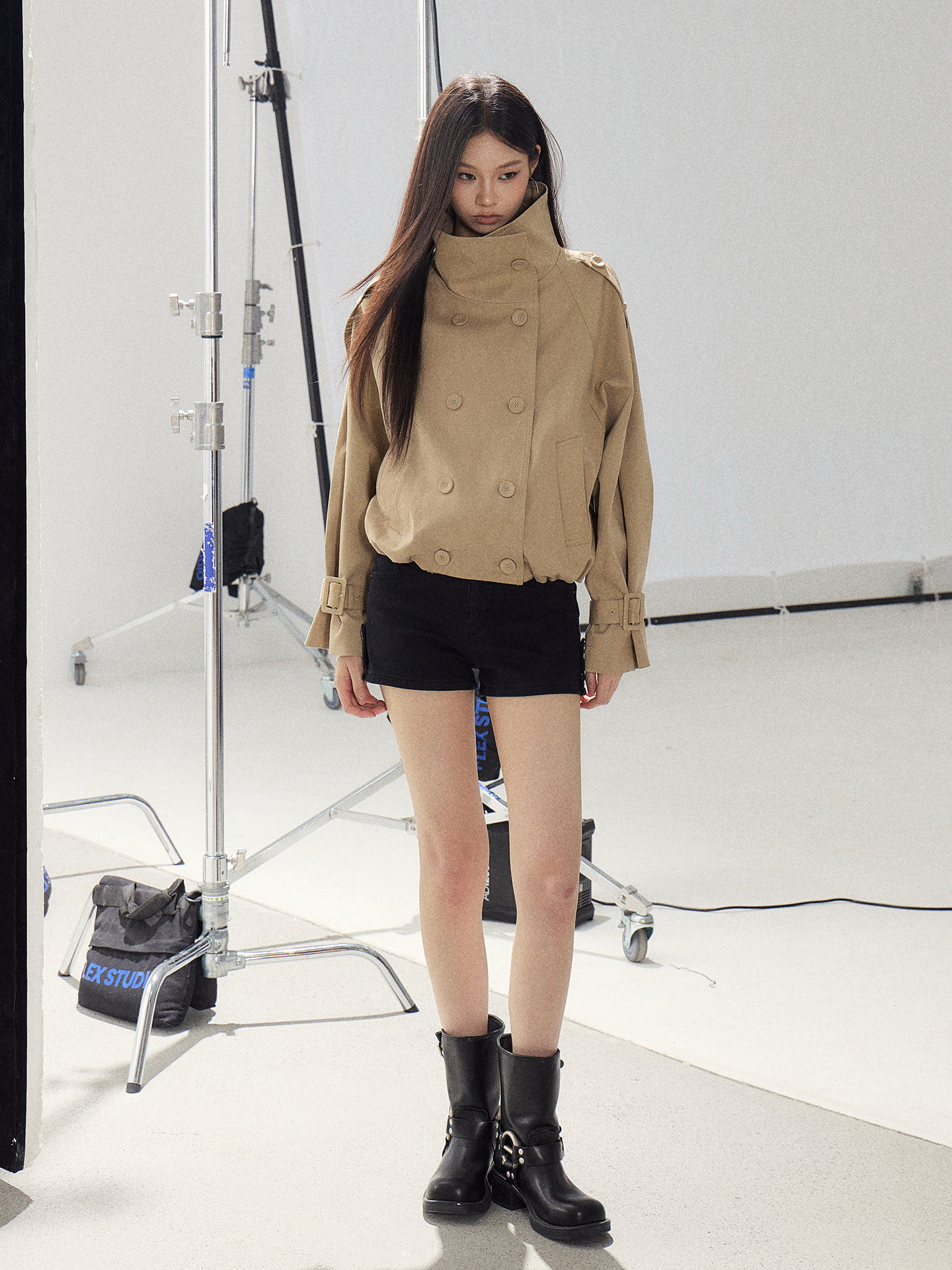 WITHMIN Khaki Double-Breasted Cropped Jacket