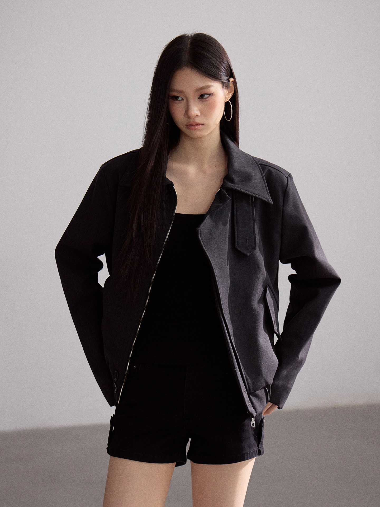 WITHMIN Black Zip-Up Lapel Jacket