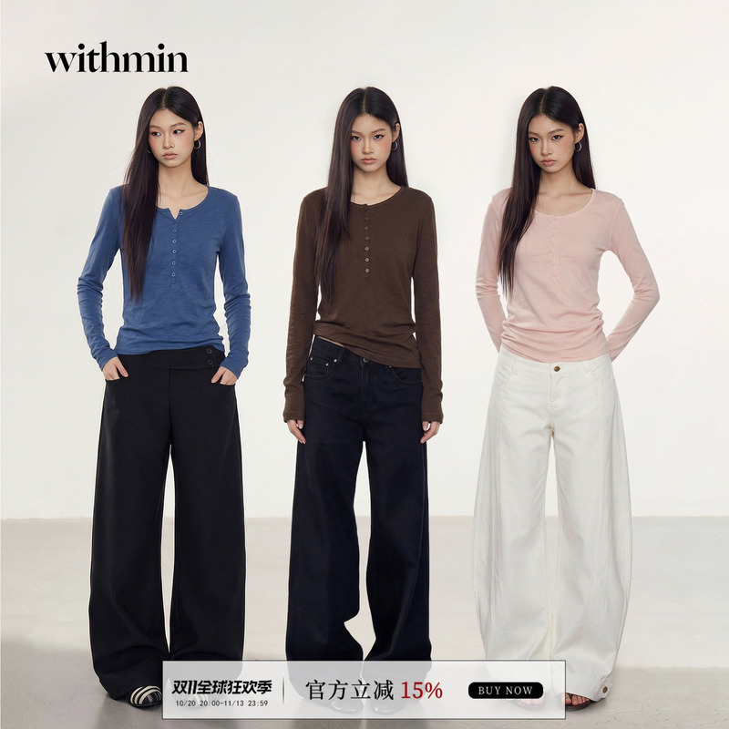 Withmin Casual High-Neck Long-Sleeve T-Shirt for Women, Autumn Slim-Fit Korean Style Top Withmin Casual High-Neck Long-Sleeve T-Shirt for Women, Autumn Slim-Fit Korean Style Top