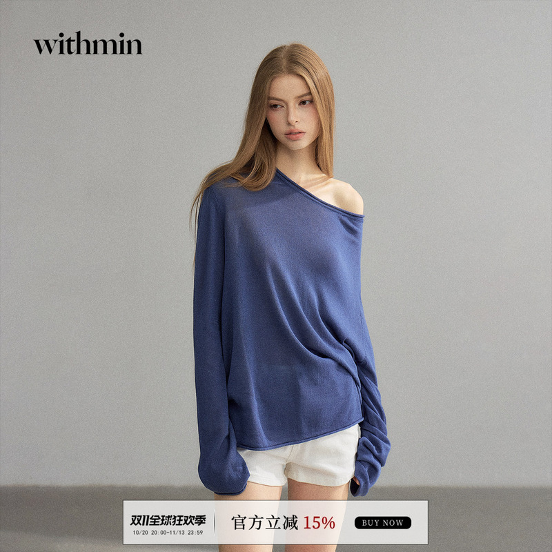 Withmin Linen Lyocell Knit Top Autumn Loose Slimming Off-Shoulder Asymmetrical Long Sleeve Base Shirt for Women Withmin Linen Lyocell Knit Top Autumn Loose Slimming Off-Shoulder Asymmetrical Long Sleeve Base Shirt for Women