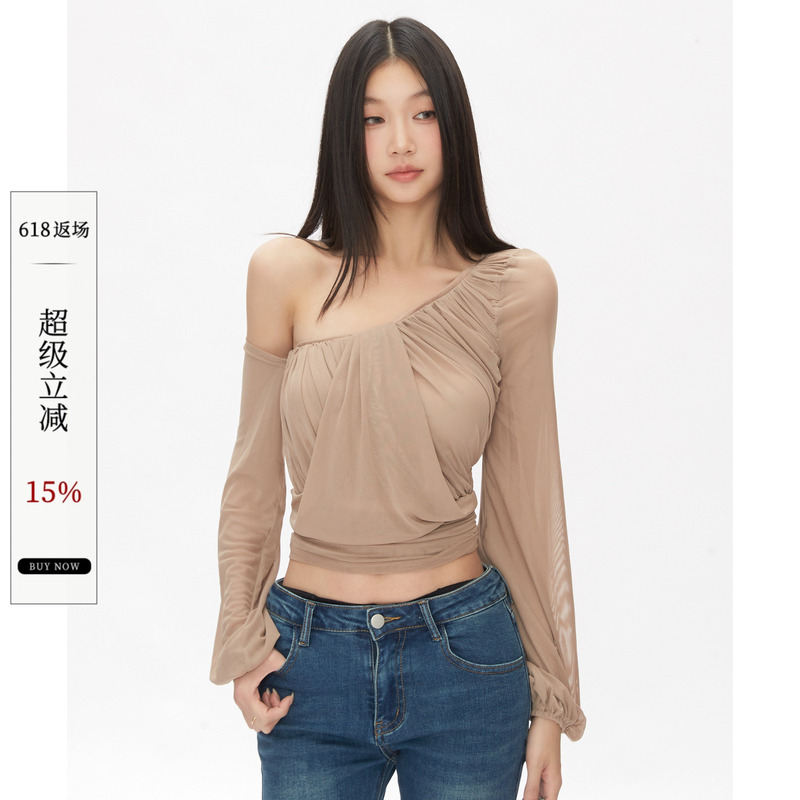 Withmin Off-Shoulder Top Sexy and Trendy Design Niche Women's Summer Sun Protection Cover-Up Long-Sleeve Thin T-Shirt