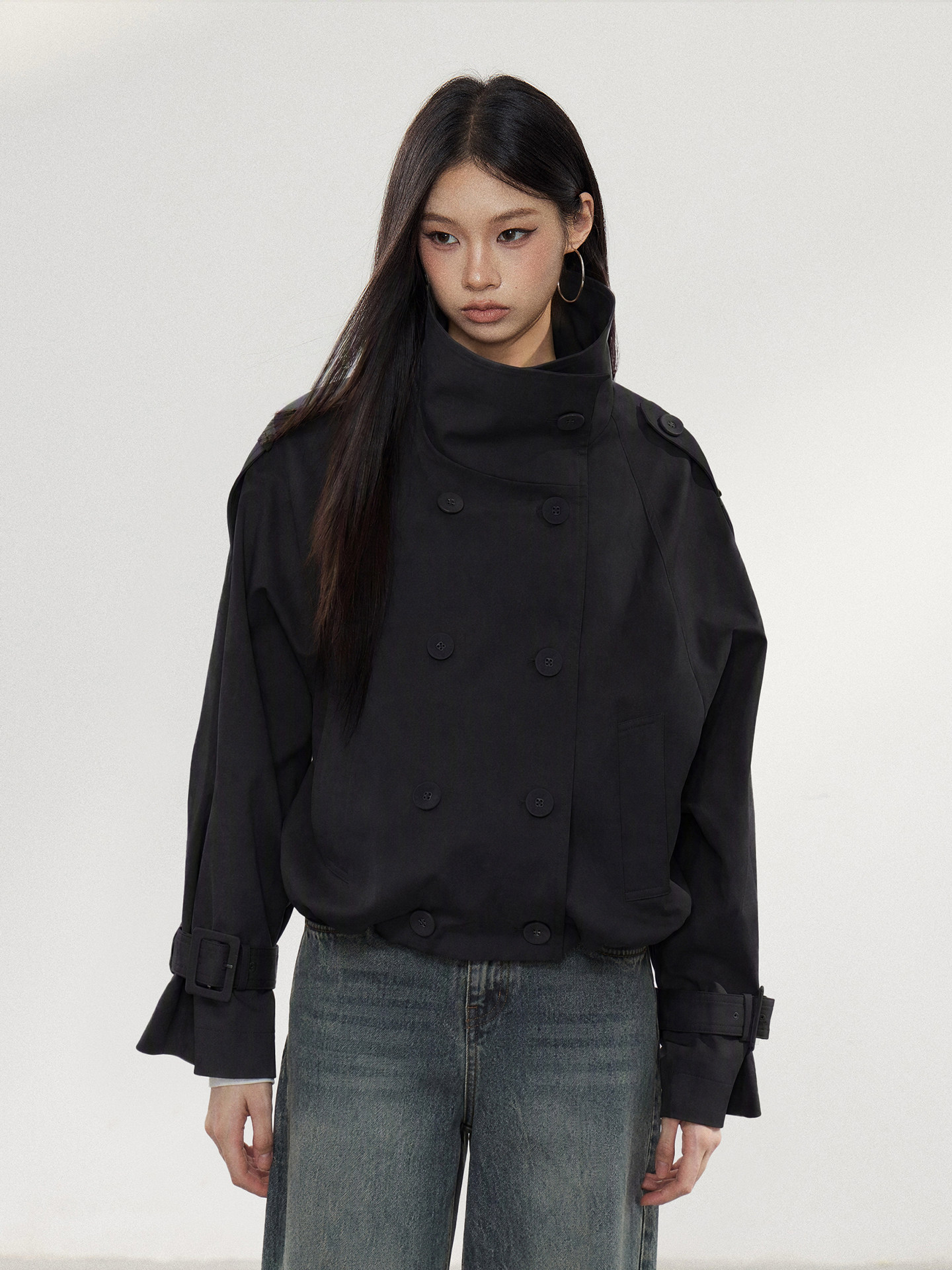 WITHMIN Khaki Double-Breasted Cropped Jacket