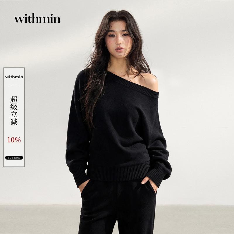 Withmin Black Sweater for Women, New Autumn Style, Loose Fit, Slimming, Casual, Off-Shoulder, Asymmetrical Shoulder Knit Top, Women's Clothing Withmin Black Sweater for Women, New Autumn Style, Loose Fit, Slimming, Casual, Off-Shoulder, Asymmetrical Shoulder Knit Top, Women's Clothing