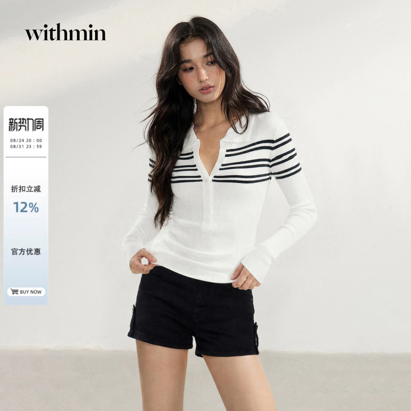 Withmin Women's Slim-Fit Knit Sweater with Regular Shoulders, Versatile White Polo Collar Striped Top, Long-Sleeved Autumn Wear