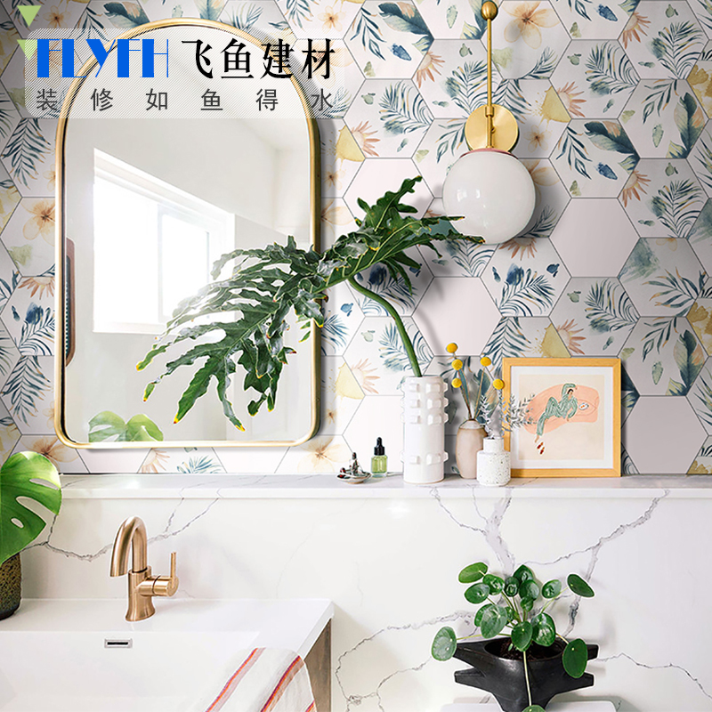Nordic toilet tile tiles green plant hexagonal tile kitchen wall tile antique hexagonal brick