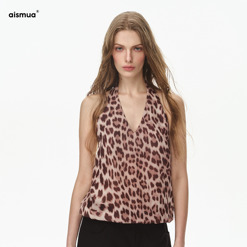 Aismua Classic Leopard Print Tie-Neck Deep V-Neck Backless Summer Tank Top