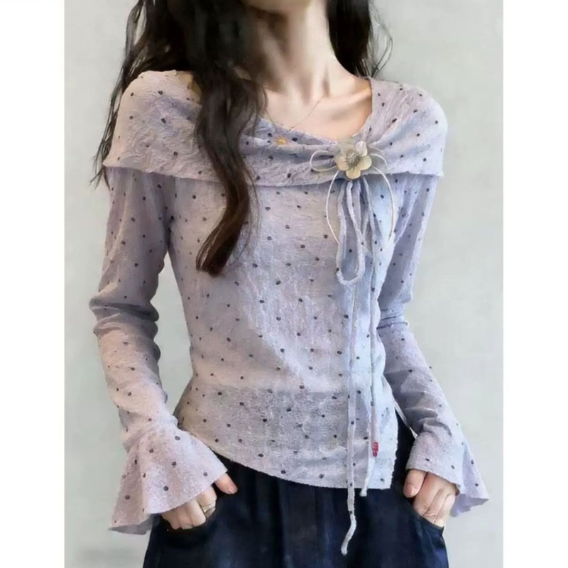 French-Style High-End Polka-Dot Long-Sleeved Top for Women with One-Line Collar, Bell Sleeves, Bow Tie, Slimming Tie Design Top French-Style High-End Polka-Dot Long-Sleeved Top for Women with One-Line Collar, Bell Sleeves, Bow Tie, Slimming Tie Design Top