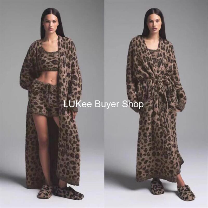 Skims Kardashian Leopard Print Knit Hooded Top Plush Vest Jacket Long Pants Pajama Set for Women Skims Kardashian Leopard Print Knit Hooded Top Plush Vest Jacket Long Pants Pajama Set for Women